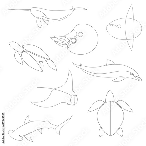 One line sea animals silhouette. Logo design. Hand drawn minimalism style vector illustration.