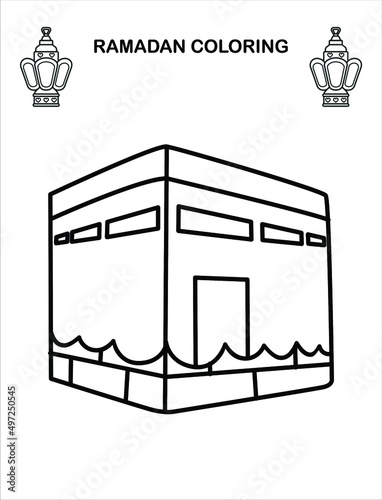 The Muslim holy place makkah  icon Ramadan Children Coloring book pages , Islamic month ramadan worksheet ,Sketch outline black and white pages . Kids education. Vector illustration