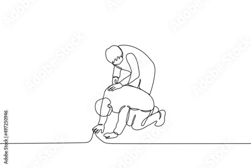 man feels bad and second one worries about him stroking his back - one line drawing vector. ambulance concept, comfort crying sobbing man, worry and care for someone