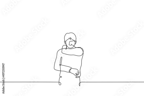 man massaging his own neck from back side - one line drawing vector. concept of self-massage, problems with back and neck from sedentary lifestyle, osteochondrosis photo