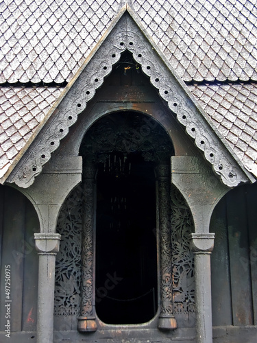 A detail shot of Hopperstad Stave Church, located in the village of Vikoyri, Norway. photo