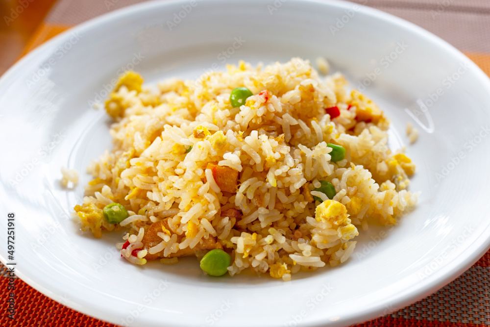 Fried rice in ceramic white plate