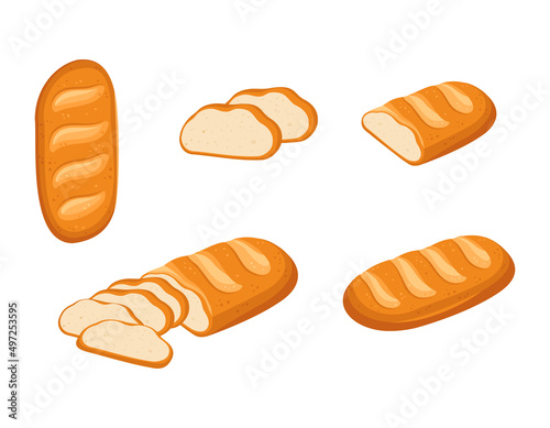 Whole and sliced white loaf bread. Bakery products, pastries, dough food. Vector flat cartoon food