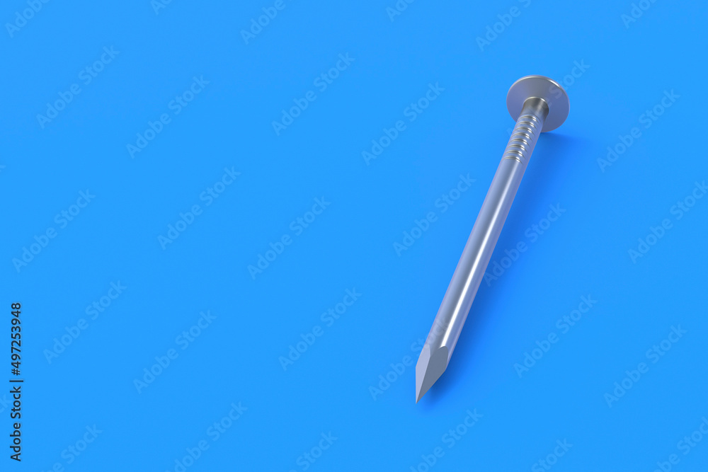 Obraz premium One metal nail on blue background. Building equipment. Tool for repair, renovation. Copy space. 3d render