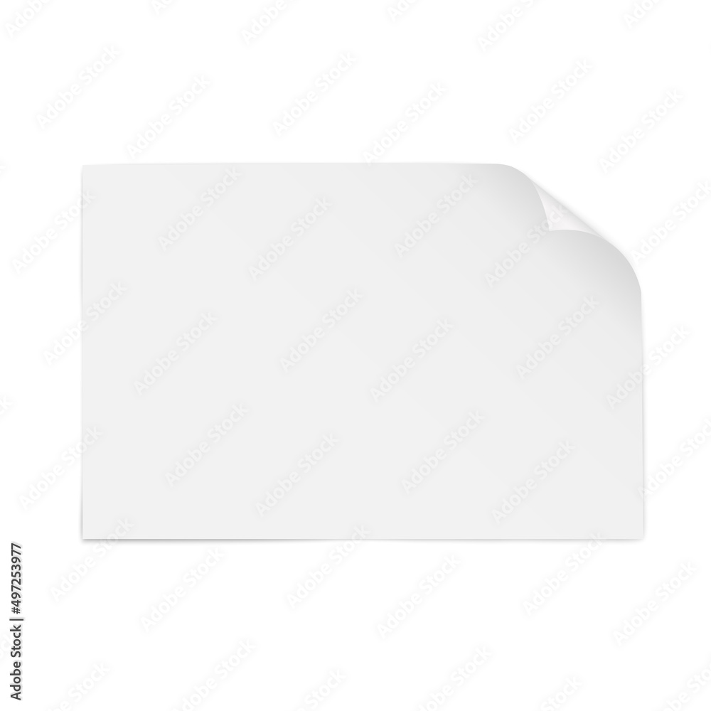 A sheet of white paper lying horizontally with bent upper right corner with a shadow under it, isolated on a white background A sheet of white paper lying horizontally with bent upper right corner with a shadow under it, isolated on a white background