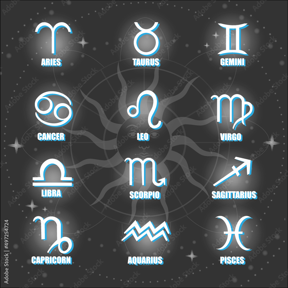 Obraz premium Set of simple and flat style astrological signs, on grey galaxy background with round circle and abstract sun drawing. Horoscope, astrology, star signs concept. Vector illustration.