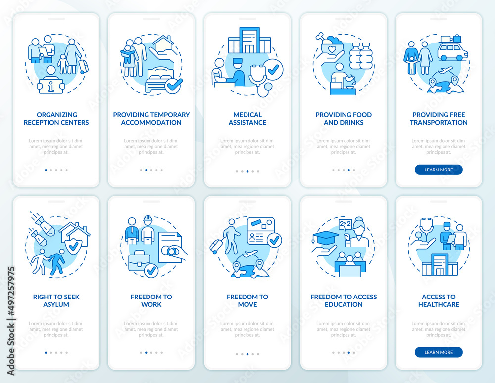 Helping refugees blue onboarding mobile app screen set. Government help walkthrough 5 steps graphic instructions pages with linear concepts. UI, UX, GUI template. Myriad Pro-Bold, Regular fonts used