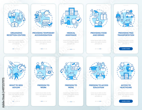 Helping refugees blue onboarding mobile app screen set. Government help walkthrough 5 steps graphic instructions pages with linear concepts. UI, UX, GUI template. Myriad Pro-Bold, Regular fonts used