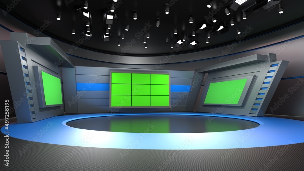 News Studio, Backdrop For TV Shows .TV On Wall.3D Virtual News Studio Background, 3d illustration News Studio, Backdrop For TV Shows .TV On Wall.3D Virtual News Studio Background, 3d illustration