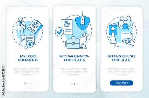 Belongings and documents blue onboarding mobile app screen. Help refugees walkthrough 3 steps graphic instructions pages with linear concepts. UI, UX, GUI template. Myriad Pro-Bold, Regular fonts used