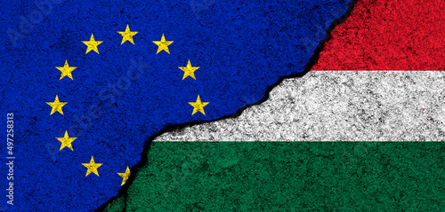 Europe Union and Hungary flags. Relationships, partnership and diplomacy. Conflict and freedom concept. EU alliance, banner photo