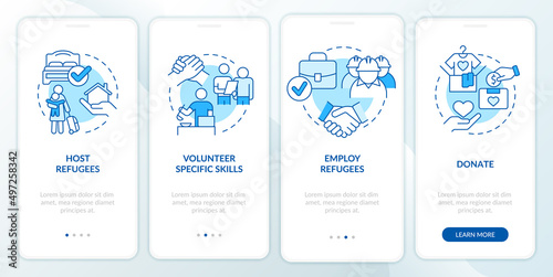 Helping and supporting refugees blue onboarding mobile app screen. Walkthrough 4 steps graphic instructions pages with linear concepts. UI, UX, GUI template. Myriad Pro-Bold, Regular fonts used