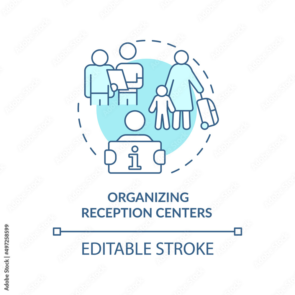 Organizing reception centers turquoise concept icon. Government initiative abstract idea thin line illustration. Isolated outline drawing. Editable stroke. Arial, Myriad Pro-Bold fonts used Organizing reception centers turquoise concept icon. Government initiative abstract idea thin line illustration. Isolated outline drawing. Editable stroke. Arial, Myriad Pro-Bold fonts used