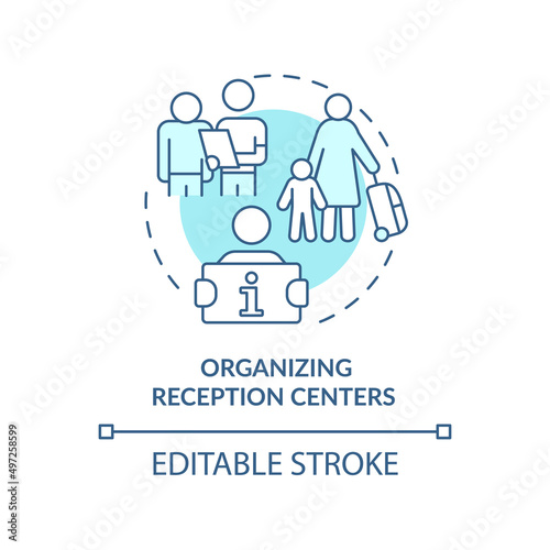 Organizing reception centers turquoise concept icon. Government initiative abstract idea thin line illustration. Isolated outline drawing. Editable stroke. Arial, Myriad Pro-Bold fonts used © bsd studio