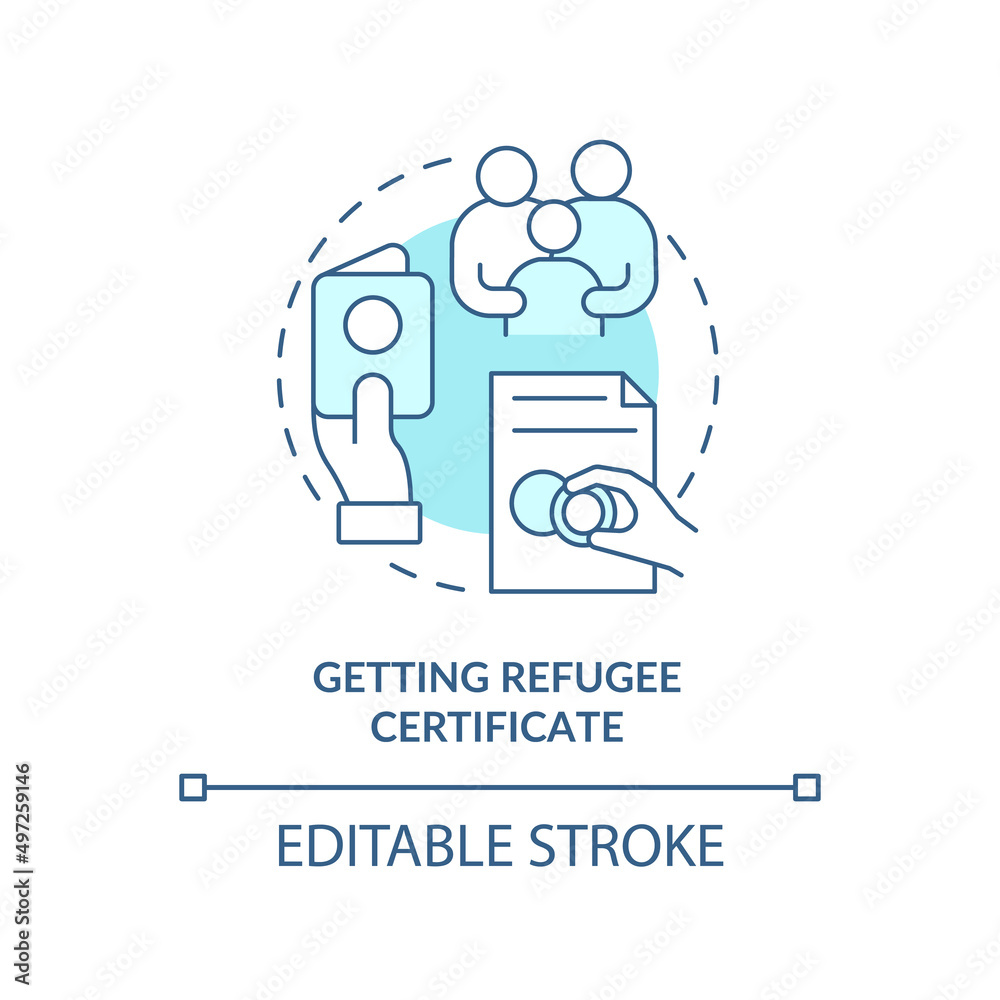 Getting refugee certificate turquoise concept icon. Belongings and documents abstract idea thin line illustration. Isolated outline drawing. Editable stroke. Arial, Myriad Pro-Bold fonts used