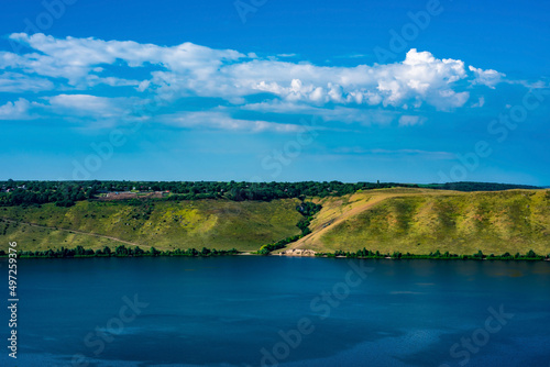 Landscape of beautiful River Dnister with Rocky Mountains in Bakota, Ukraine. Summer Travel serene minimalistic view . 