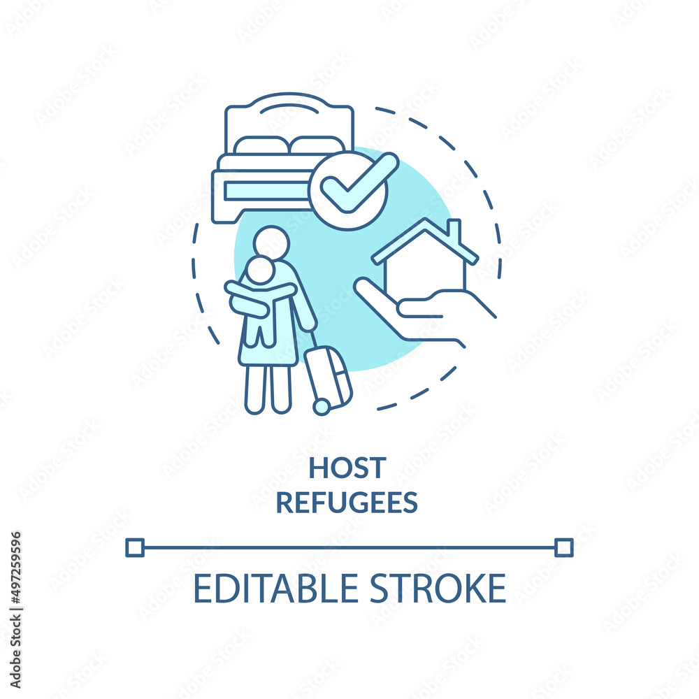 Host refugee turquoise concept icon. Provide home and room. Helping refugees abstract idea thin line illustration. Isolated outline drawing. Editable stroke. Arial, Myriad Pro-Bold fonts used