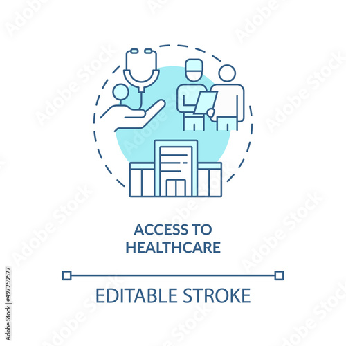 Access to healthcare turquoise concept icon. Medical assistance. Refugee right abstract idea thin line illustration. Isolated outline drawing. Editable stroke. Arial, Myriad Pro-Bold fonts used