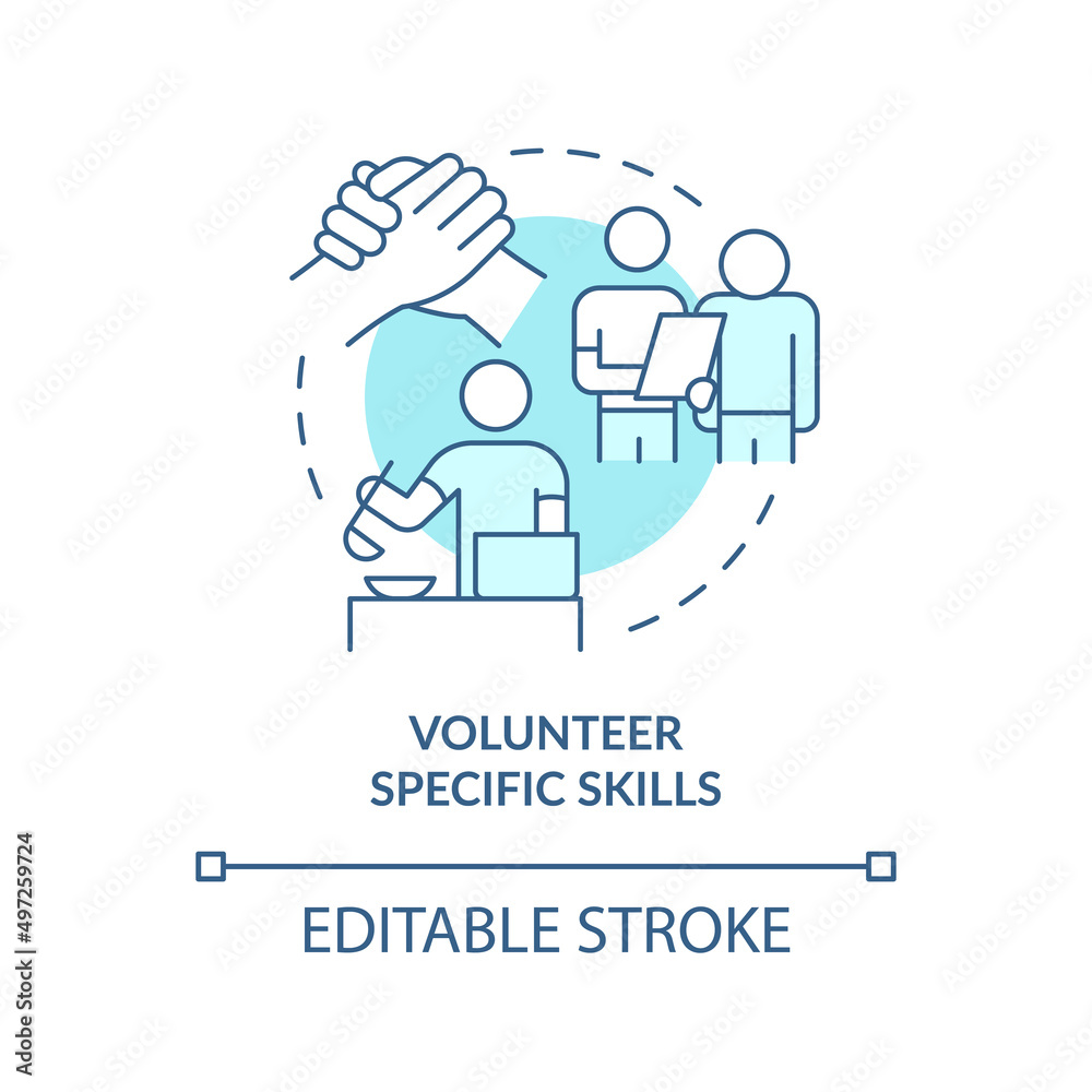 Volunteer specific skills turquoise concept icon. Provide service. Helping refugees abstract idea thin line illustration. Isolated outline drawing. Editable stroke. Arial, Myriad Pro-Bold fonts used