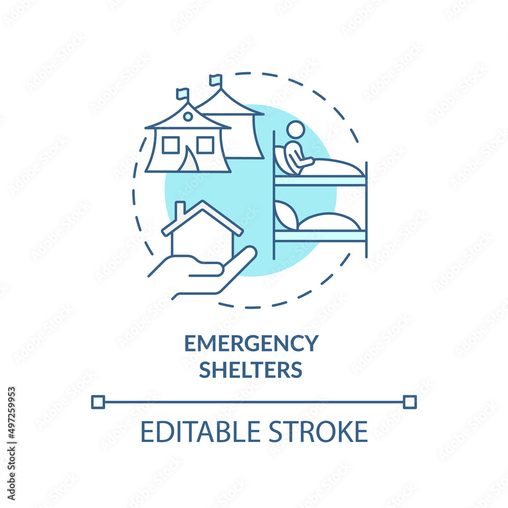 Emergency shelter turquoise concept icon. Temporary asylum. Way to help refugees abstract idea thin line illustration. Isolated outline drawing. Editable stroke. Arial, Myriad Pro-Bold fonts used