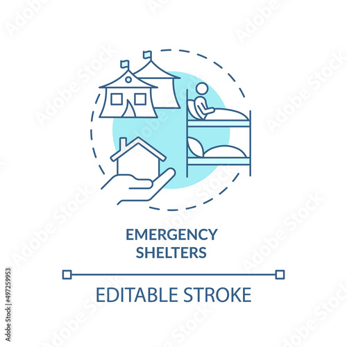 Emergency shelter turquoise concept icon. Temporary asylum. Way to help refugees abstract idea thin line illustration. Isolated outline drawing. Editable stroke. Arial, Myriad Pro-Bold fonts used