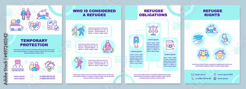 Refugee rights and duties brochure template. Helping refugees. Leaflet design with linear icons. 4 vector layouts for presentation, annual reports. Arial-Black, Myriad Pro-Regular fonts used