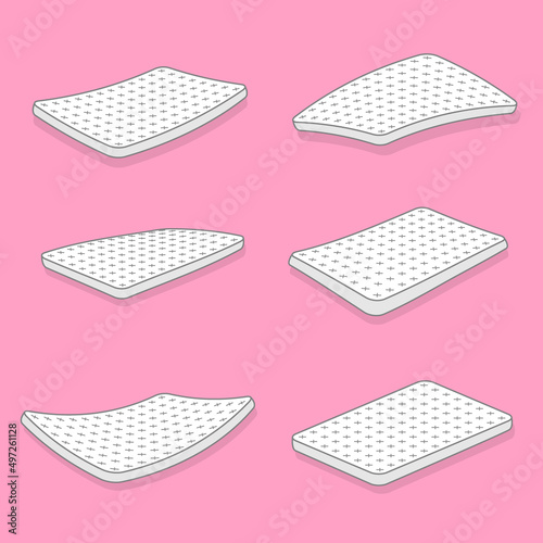 Mattress, futon or flock bed realistic mockups set. Top, side, three quater view. Large, rectangular pad for supporting reclining body, sleeping, rest, relaxation. Vector mattress isolated on white.