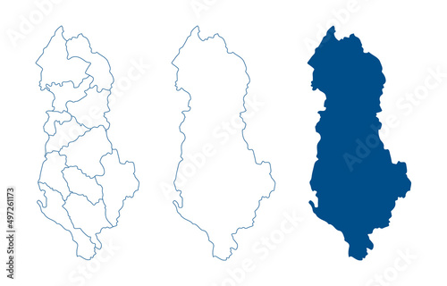 Albania map. Detailed blue outline and silhouette. Administrative divisions and counties. Set of vector maps. All isolated on white background. Template for design and infographics.