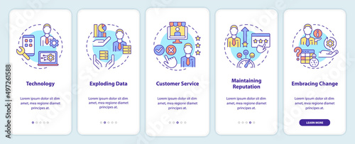 Business issues onboarding mobile app screen. Customer service walkthrough 5 steps graphic instructions pages with linear concepts. UI, UX, GUI template. Myriad Pro-Bold, Regular fonts used