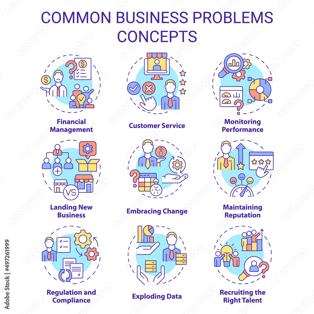 Common business problems concept icons set. Monitor performance idea thin line color illustrations. Financial management. Isolated symbols. Editable stroke. Roboto-Medium, Myriad Pro-Bold fonts used