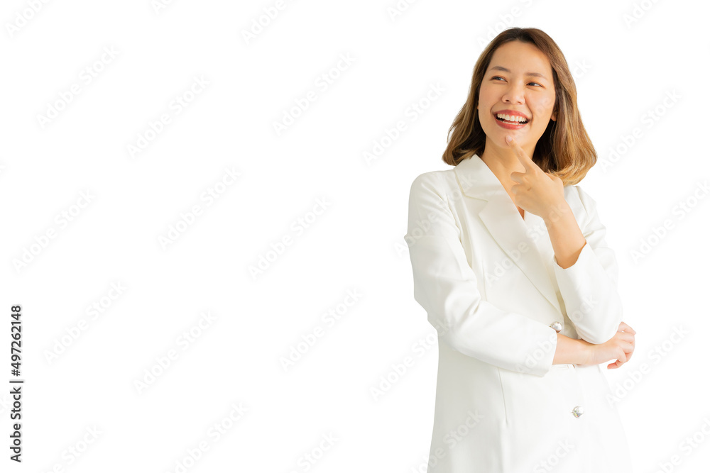 close up asian businesswoman smile and looking side way to choosing isolated on gray color background for business lifestyle and design concept close up asian businesswoman smile and looking side way to choosing isolated on gray color background for business lifestyle and design concept