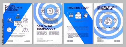 Solving employee issues blue brochure template. Productivity problems. Leaflet design with linear icons. 4 vector layouts for presentation, annual reports. Arial, Myriad Pro-Regular fonts used