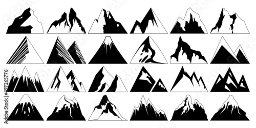 Set of mountains different formy on white background. Vector illustration of mountains for logo, tattoo, decoration with harp tops, gorges and steep slopes in flat style.