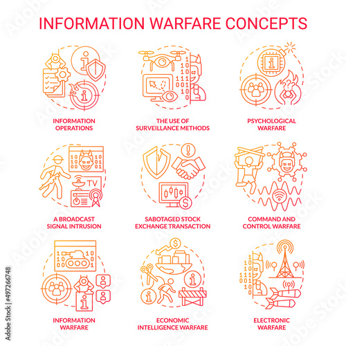 Information warfare red gradient concept icons set. Mislead adversaries. Strategy and tactic idea thin line color illustrations. Isolated symbols. Roboto-Medium, Myriad Pro-Bold fonts used