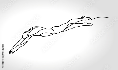 Single continuous one line art drawing of swimming jump.  Swimmer man dive into swimming pool. 
