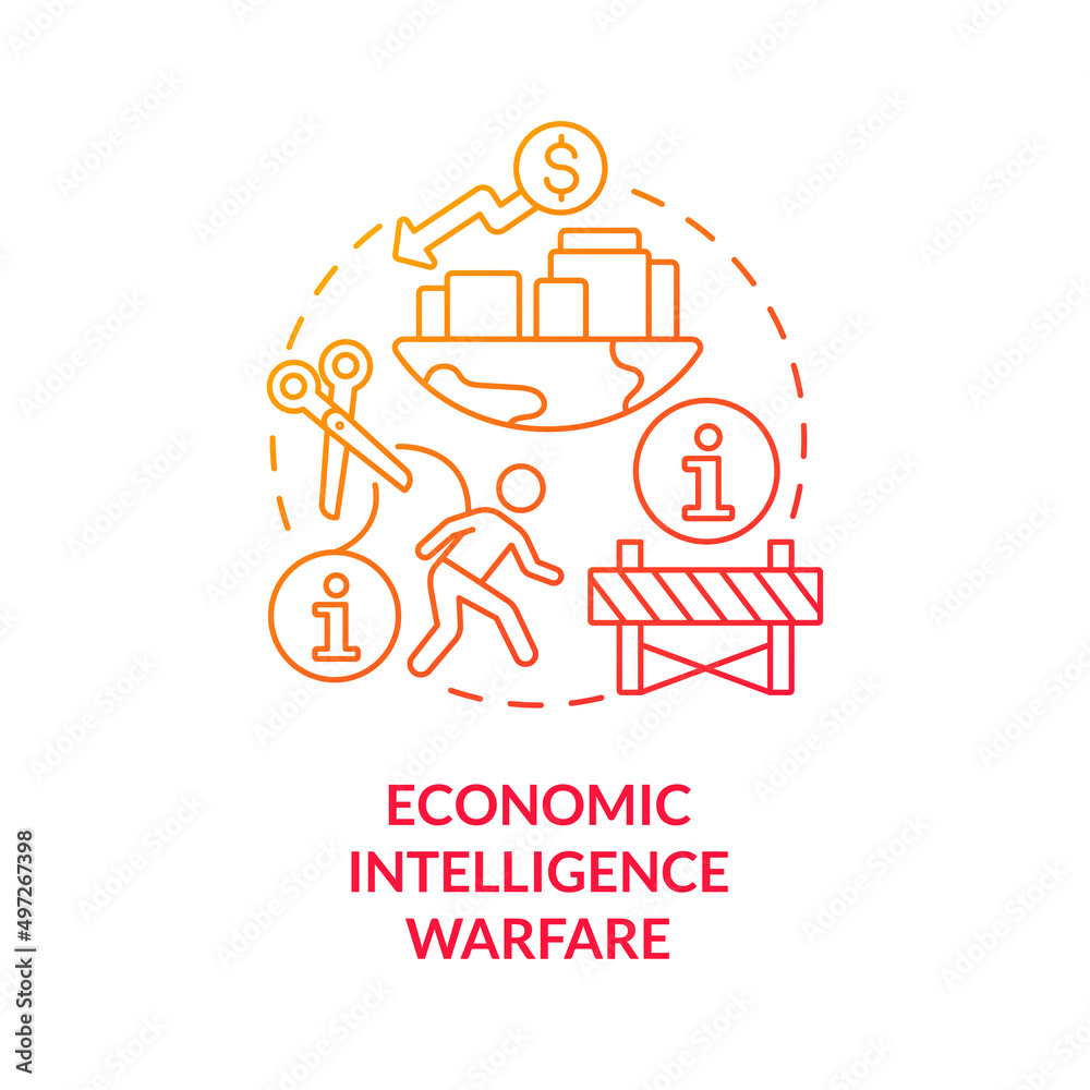 Economic intelligence warfare red gradient concept icon. Acces to information. Subarea of information warfare abstract idea thin line illustration. Isolated outline drawing. Myriad Pro-Bold font used