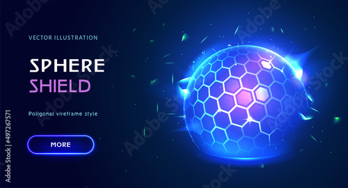 Energy glowing sphere, force shield bubble. Power protective defense dome or protection field. 3d safety blue ball barrier. Firewall absolute protect. Landing page for antiviral futuristic technology.