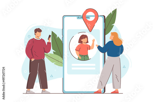 Parents monitoring online whereabouts of child with geolocation tracking application on mobile phone. Father checks location of daughter using smartphone. Parental control and children safety concept. photo
