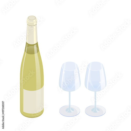 White wine bottle and two clean glasses isometric vector illustration