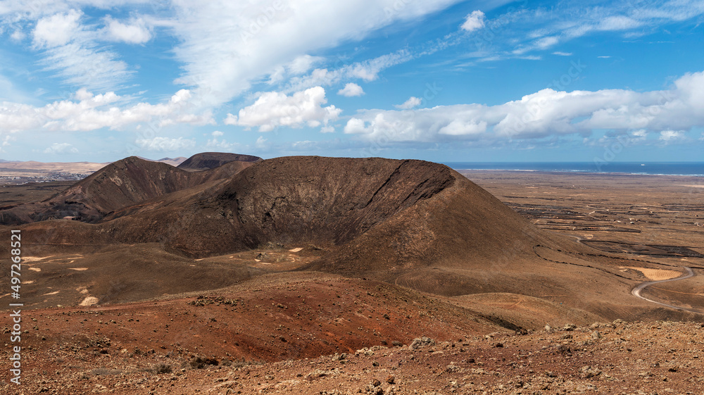 Vista panorámica de los volcanes de Bayuyo, Corralejo, Fuerteventura, Islas Canarias, España
