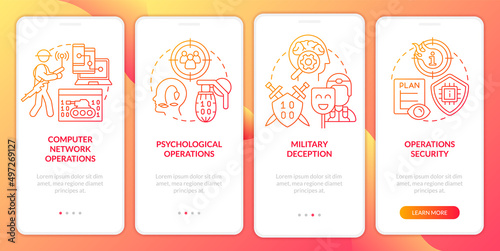 Information operations red gradient onboarding mobile app screen. Walkthrough 4 steps graphic instructions pages with linear concepts. UI, UX, GUI template. Myriad Pro-Bold, Regular fonts used
