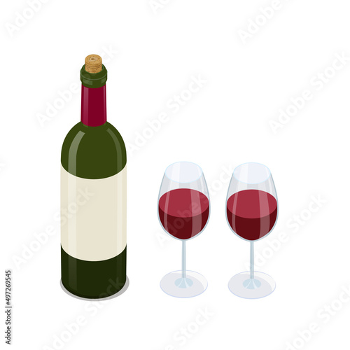 Open red wine bottle with two wine glasses isometric vector illustration isolated on white 