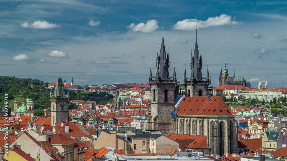 View from the height Powder Tower in Prague timelapse. Historical and cultural monument View from the height Powder Tower in Prague timelapse. Historical and cultural monument