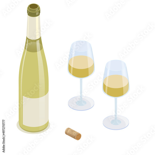 Open white winebottle , two full glasses, a corkscrew and a cork. Isolated vector isometric illustration on white