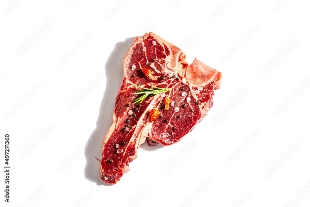 Classic T-bone steak isolated on white background. Hard light, dark shadow, mockup, template Classic T-bone steak isolated on white background. Hard light, dark shadow, mockup, template