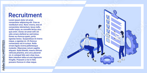 Recruitment of personnel.People study applicants' questionnaires.The illustration in the style of the landing page is blue.
