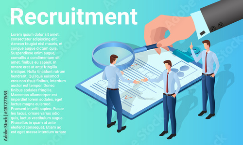 Recruitment of personnel.People study the resumes of new candidates for jobs.Poster in business style.Flat vector illustration.