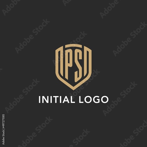 Luxury PS logo monogram shield shape monoline style with gold color and dark background