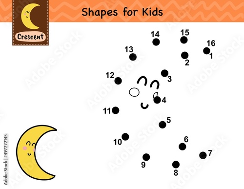 Connect the dots and draw a cute moon. Dot to dot number game for kids. Learning a crescent shape activity page for preschool. Puzzle template for children. Vector illustration