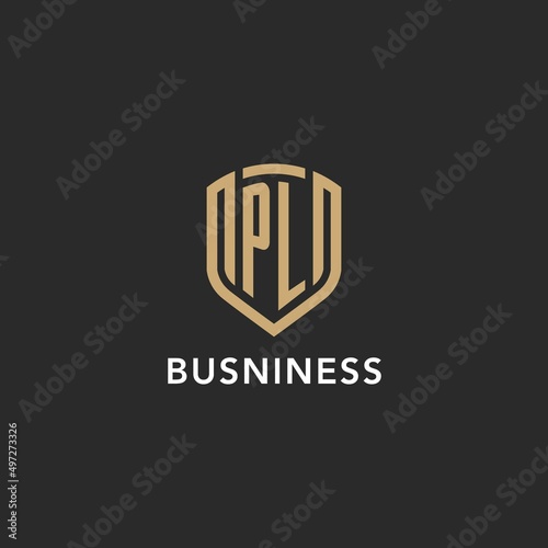Luxury PL logo monogram shield shape monoline style with gold color and dark background
